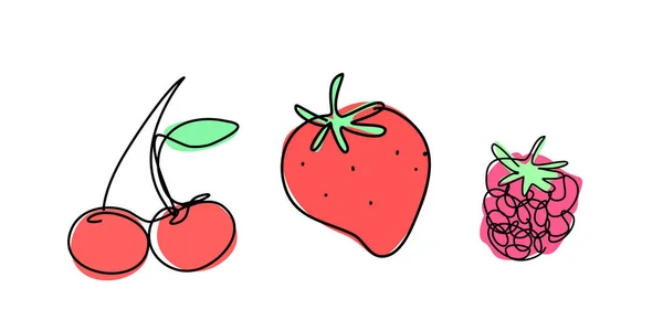Cherry Strawberry Raspberry Continuous Line Art Style Berries Editable Stroke — Vettoriale Stock
