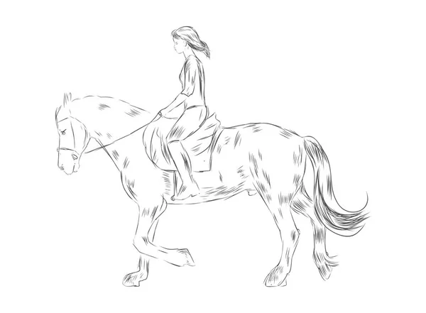 Horse Rider Girl Isolated Sketchy Style Isolated White Background Female — Vettoriale Stock