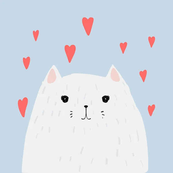 White Fat Cat Love Red Hearts Romantic Shirt Card Design — Wektor stockowy