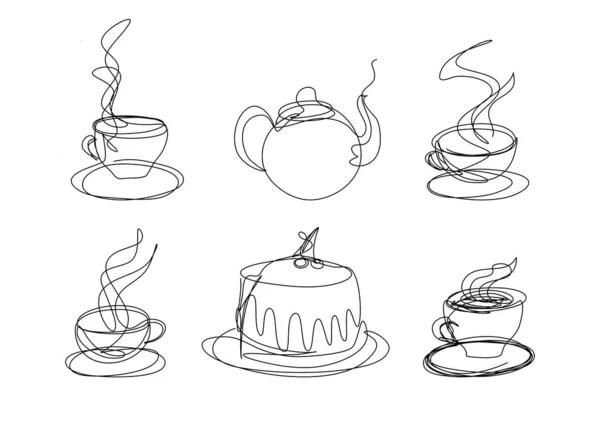 Cup Tea Coffee Tea Tea Pot Cake Continuous Line Art — Stockvector