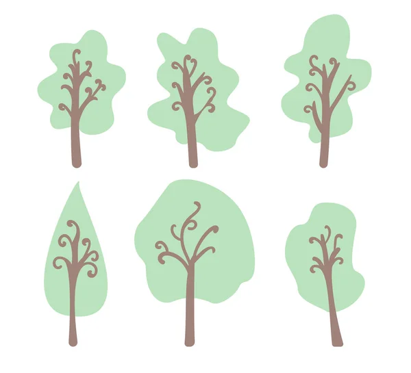 用白色背景隔离的涂鸦风格制作的树集合 卡通片上的森林元素是彩色的 生态木标志的矢量图解 — 图库矢量图片