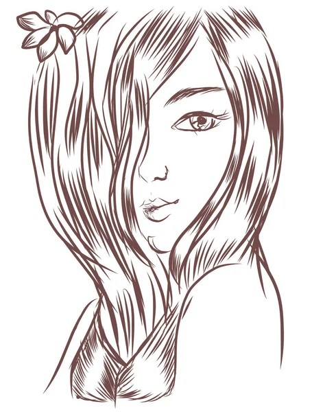 Sketchy Woman Portrait Attractive Dreamy Girl Vector Illustration — Vetor de Stock