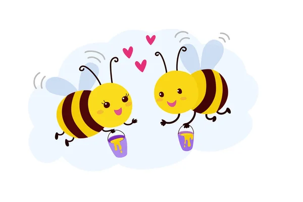 Cute Bees Love Isolated White Background Valentine Day Greeting Card — Stock vektor