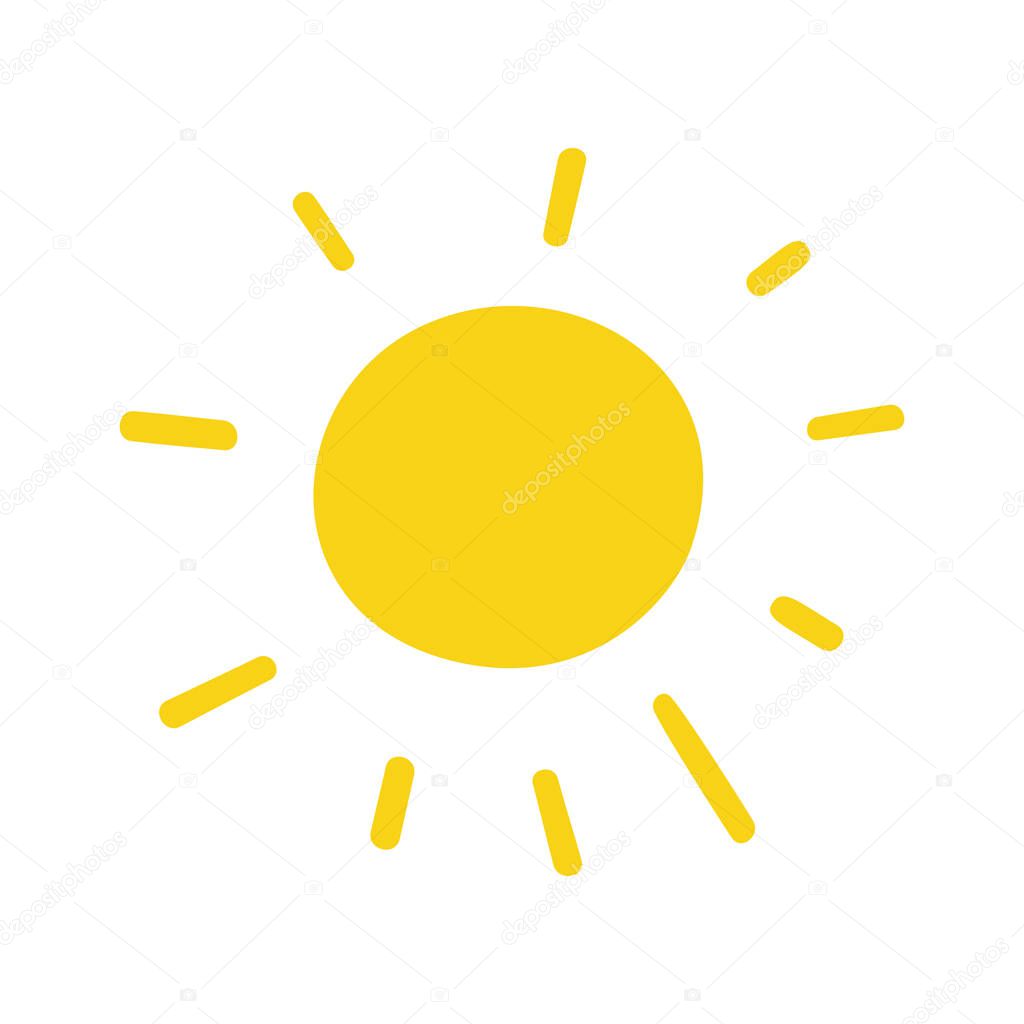 Simple doodle sun isolated on white background. Cartoon sunshine. Vector illustration of summer icon.