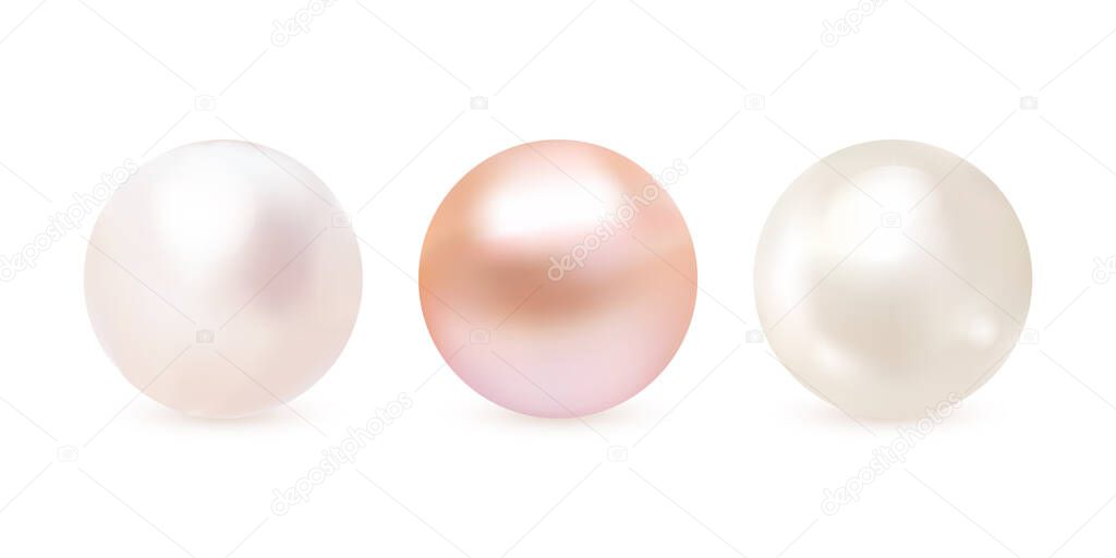 Pearl set isolated on transparent background. Spherical beautiful 3D orb with transparent glares and highlights. Jewel gems. Vector Illustration.