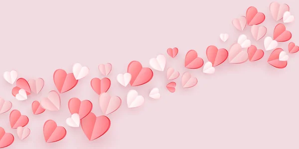 柔らかいピンクの背景に隔離された空飛ぶ紙の心の装飾 愛のシンボル 女性のためのグリーティングカード バレンタインデー ベクターイラスト — ストックベクタ