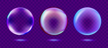 Mor Şeffaf Arkaplan 'da Gerçekçi Biçim Sabun Kabarcığı Seti izole edildi. Vektör illüstrasyonu.