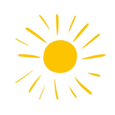 Çizgi film tarzında güneş. Tişörtler için çocukça basit sanat, kıyafet tasarımı. Hatırlaması kolay. Vektör illüstrasyonu.