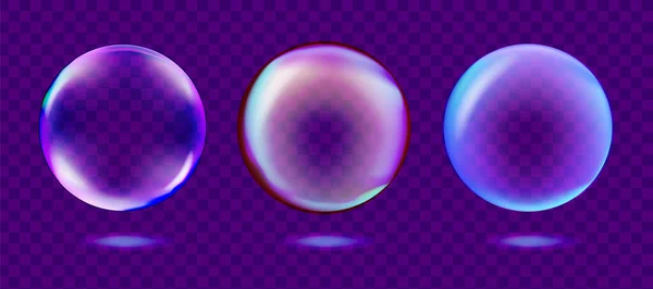 在紫色透明背景下分离的现实风格的肥皂泡沫集 矢量说明 — 图库矢量图片