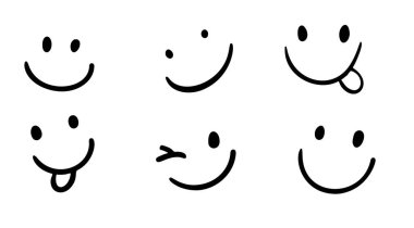 Vector Happy Doodle Gülücük Koleksiyonu Beyaz Arkaplanda izole edildi. Basit Yüzler. Şirin Simge Ayarları.