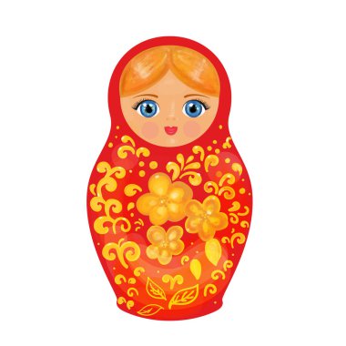 Vector Beautiful Matryoshka Beyaz Arkaplanda izole edildi. Suluboya El Çizim Tarzı Rus Bebeği.