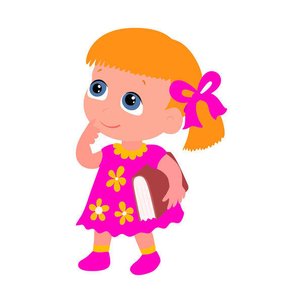 Векторный мультфильм Клевера "Девочка с книгой, мыслящая и глазеющая на белом фоне". Ребенок в беде.