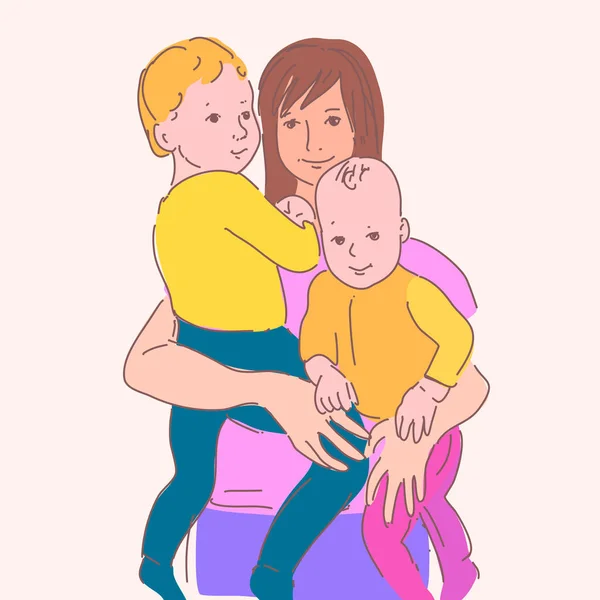 Femme Avec Enfants Dessin Linéaire Vector Sketchy Maternity Concept Aperçu — Image vectorielle