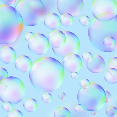 Gerçekçi tarzda şeffaflık içeren bir sabun köpüğü arka planı. Gökkuşağı küresi duvar kağıdı. Vektör illüstrasyonu..