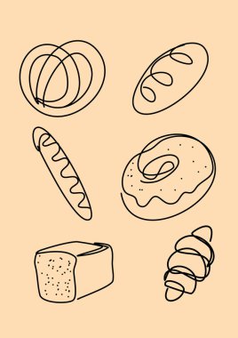 Devamlılık Çizgisi Sanat Tarzı Ekmek. Sketchy Croissant, Donut, Pretzel, Bun. Mısır gevreği sanatı. Vektör İllüstrasyonu.