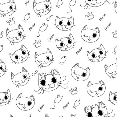 Metinli Kedi Yüzlü Vektör Doodle Kusursuz Desen, Komik Tasarım Elementi Seti. Pençeli El Çizimi Kedicikler, Fare ve Balıklı Düzenlenebilir Vuruşlu Beyaz Arkaplanda İzole Edilmiş.
