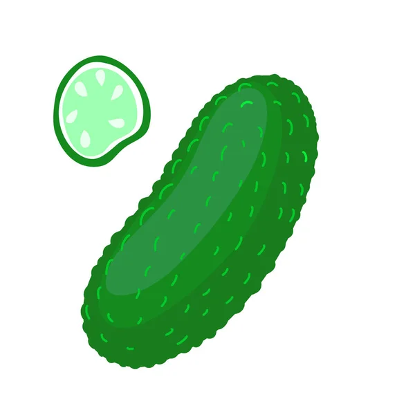 Vector Cartoon Geheel Snijd Groene Komkommer Geïsoleerd Witte Achtergrond — Stockvector