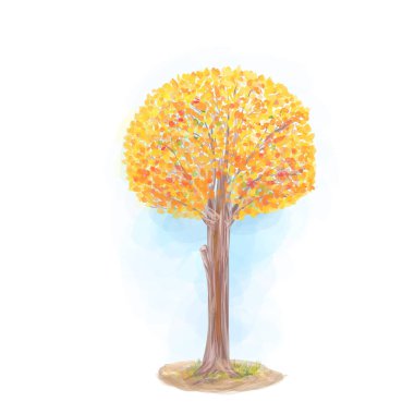 Watercolor Sonbahar Ağacı 'nın Dijital Sanatı ve Beyaz Arkaplan' da Altın Yapraklar. Tasarımınız için Vektör İllüstrasyonu.