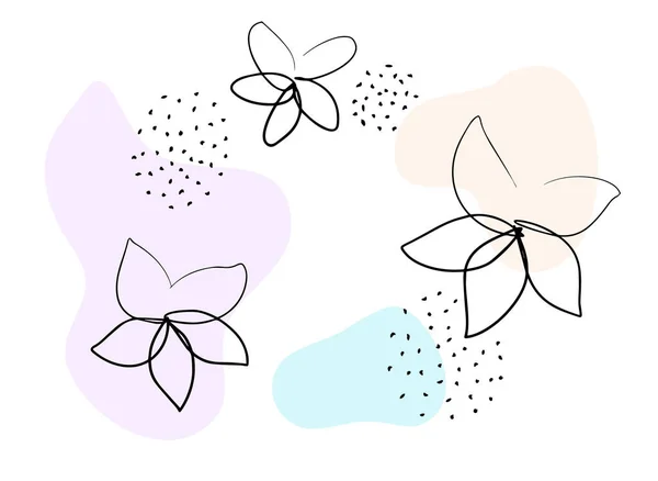 Mooie Moderne Achtergrond Met Continue Line Art Bloemen Gekleurde Vloeistofvormen — Stockvector