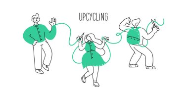 Illustration of dancing people showing the process of recycling clothes (upcycle). The process of upcycling. clipart
