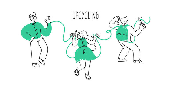 Illustration of dancing people showing the process of recycling clothes (upcycle). The process of upcycling.