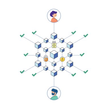 Isometric vektör illüstrasyon iki kişi bir anlaşma temelini oluşturan blok sistem güvenliği üzerine. 