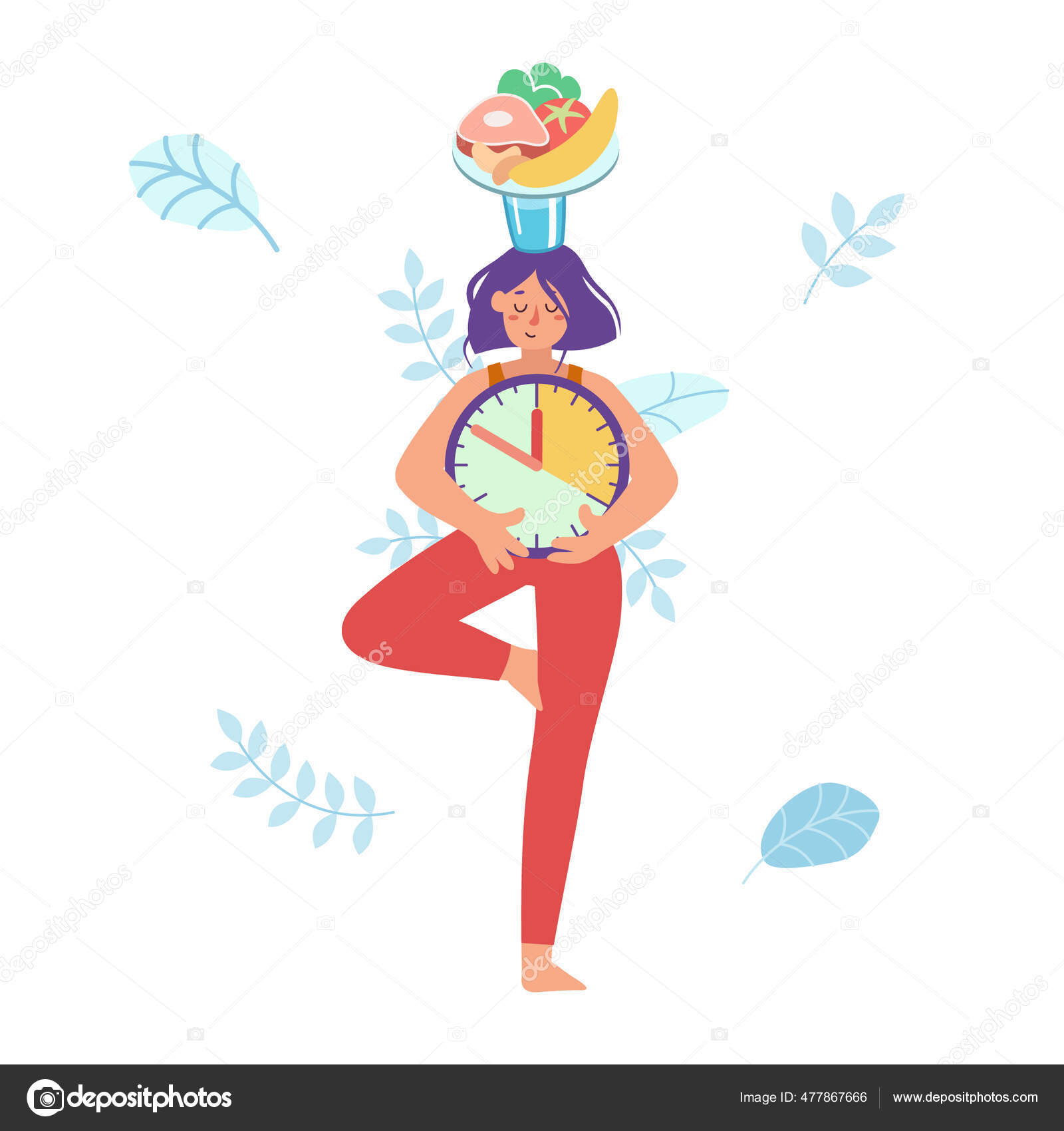 少女のイラストは木のポーズでバランスよく立ち 頭には健康的な食べ物を乗せた水と皿のガラスを持ち 手には時計を持っている 時間を食べるのを待っている 断続的な断食 忍耐だ バランス ストックベクター C Sun Ka
