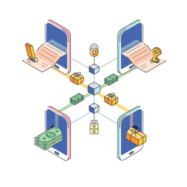 Blockchein sistemindeki akıllı sözleşmenin iztrik vektör çizimi. İşlem süreci. Dijital işaret. Engelleme teknolojisi. Çevrimiçi bankacılık.