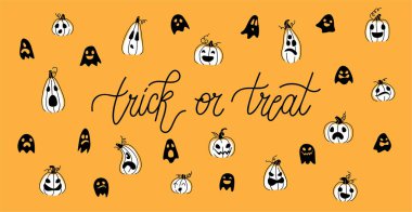 Balkabakları ve hayaletlerle dolu mutlu cadılar bayramı illüstrasyon afişleri. Turuncu arkaplanda şaka mı şeker mi tasarımı