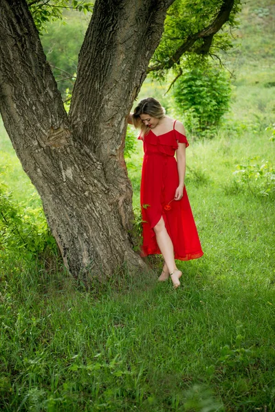 Hermosa Mujer Tierna Pie Vestido Rojo Sobre Hierba Verde — Foto de Stock