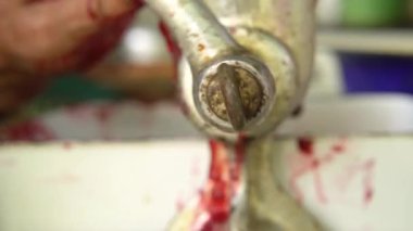 Adamın elleri öğütücüde reçel için yaz meyvelerini doğruyor.