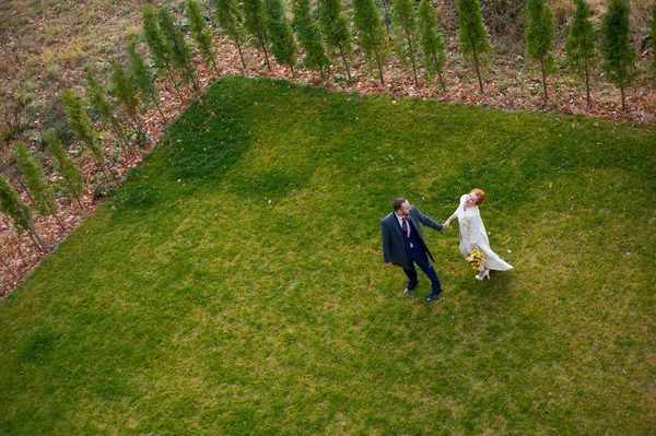 Braut und Bräutigam gehen auf dem grünen Gras Händchen haltend und lachend — Stockfoto