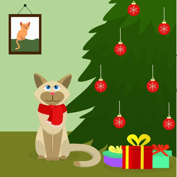 Χριστουγεννιάτικη Απεικόνιση Μια Γάτα Κάθεται Κάτω Από Ένα Χριστουγεννιάτικο Δέντρο — Διανυσματικό Αρχείο