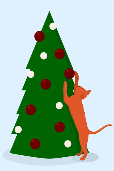 Ilustração Natal Gato Engraçado Tenta Obter Brinquedo Árvore Natal — Vetor de Stock