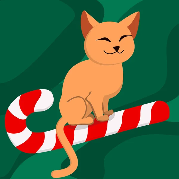 Gato Careca Esfinge Senta Numa Bengala Natal Ilustração Natal — Vetor de Stock