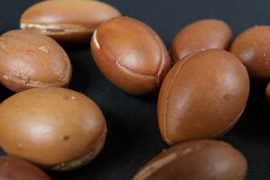 Argan ağacı fındıkları koyu bir arkaplanda kapanıyor.