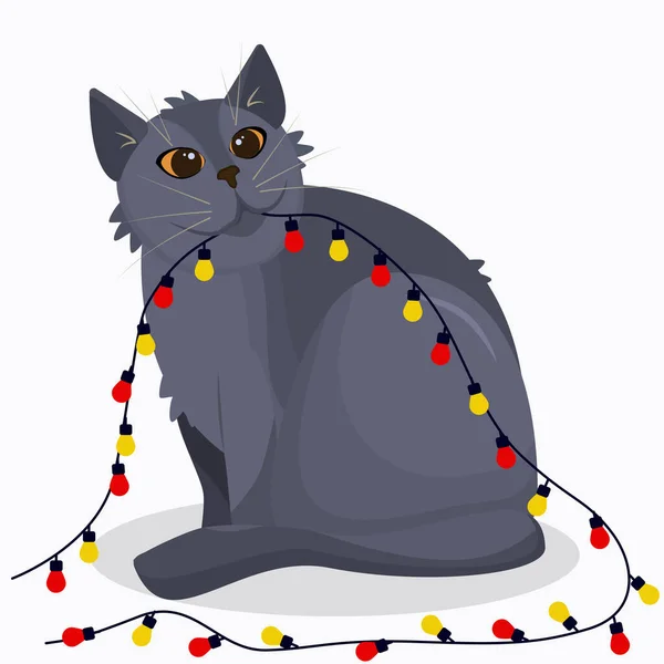 Chat Britannique Gris Avec Une Guirlande Arbre Noël Dans Ses — Image vectorielle