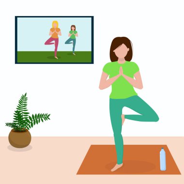 İnternette yoga dersleri, canlı yayın, online eğitim. Ev konseptinde kal. TV 'de ders izlerken yoga yapan kadın çizgi film karakteri.