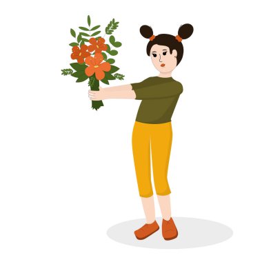  Kız elinde bir buket çiçek tutuyor ve uzatıyor. Anneler günü ve doğum günü için beyaz bir arkaplanda resim