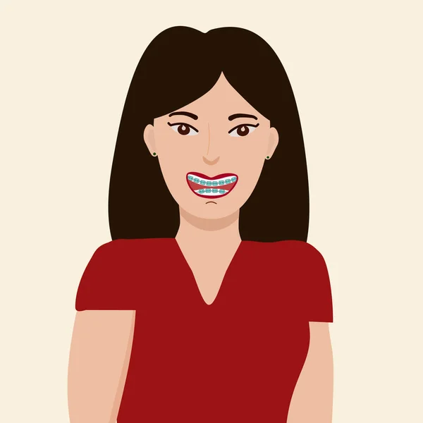 Mujer Joven Asiática Sonríe Con Aparatos Ortopédicos Los Dientes Odontología — Archivo Imágenes Vectoriales