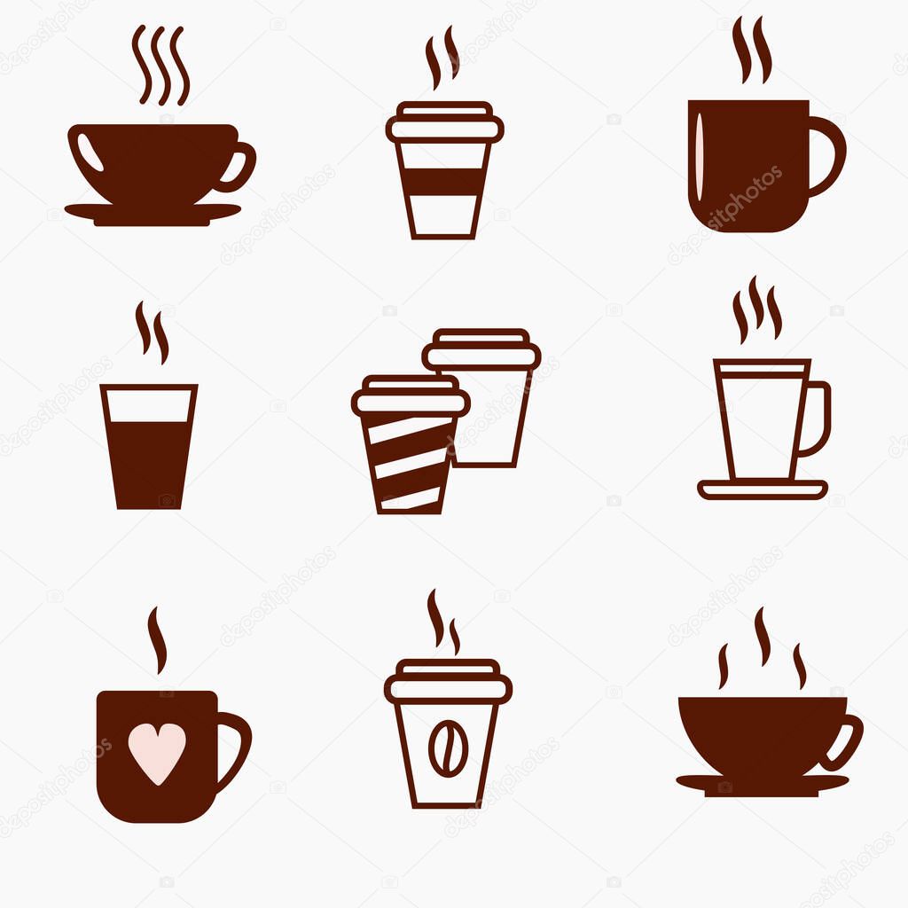 Graphic icons on the theme of hot drinks tea and coffee in cups and cups