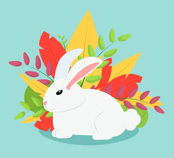 Bílý Zajíc Pozadí Květin Listí Jasná Ilustrace Téma Jaro Veselé — Stockový vektor