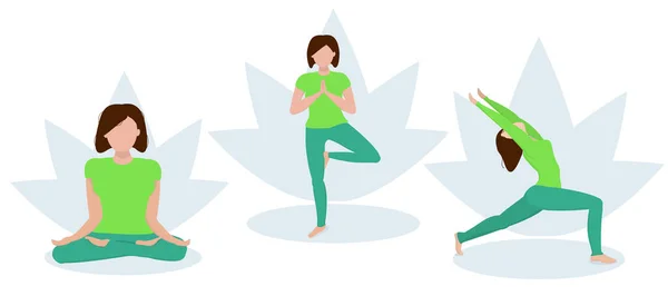 Una Serie Illustrazioni Sul Tema Delle Lezioni Yoga Tre Pose — Vettoriale Stock