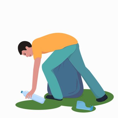  Genç bir adam çöp toplar, çevreyle ilgilenme konsepti, ekoloji ve tek kullanımlık plastik kullanımının reddedilmesi