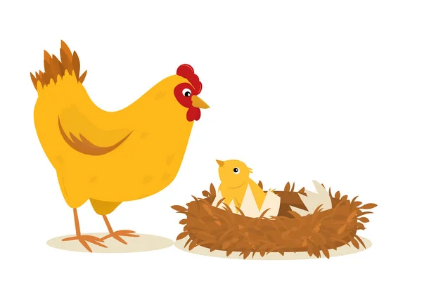 Ilustracja Kurczaka Stojącego Obok Gniazda Kurcząt — Wektor stockowy