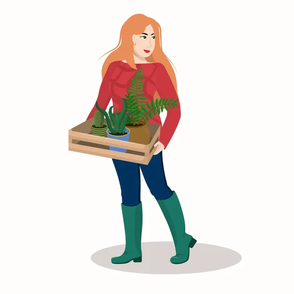 Une Jeune Femme Blonde Tient Une Boîte Plantes Dans Ses — Image vectorielle