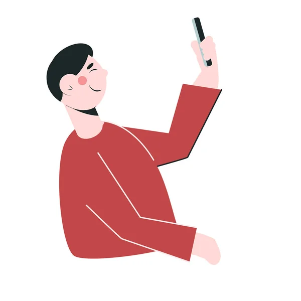 Joven Toma Una Selfie Smartphone — Vector de stock