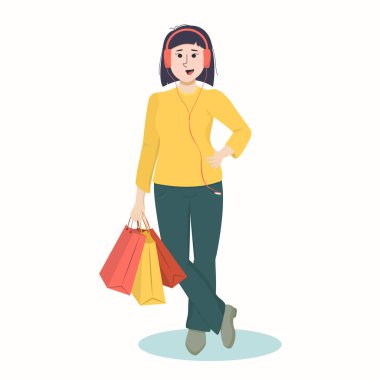  Elinde torbalar olan, kulaklık takan gülümseyen genç Asyalı kadın. Satış ve alım kavramı. Beyaz bir arkaplanda izole edilmiş