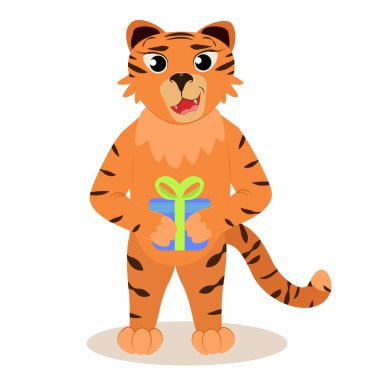 Elinde bir kutuda yeteneği olan bir kaplan. Çocuk tatili için bir illüstrasyon, doğum günü tebriği. 2022 'nin sembolü