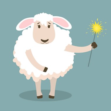  Elinde maytap olan bir kuzunun vektör çizimi. Çocuk tatili için bir illüstrasyon ya da yeni yılı kutlamak için.